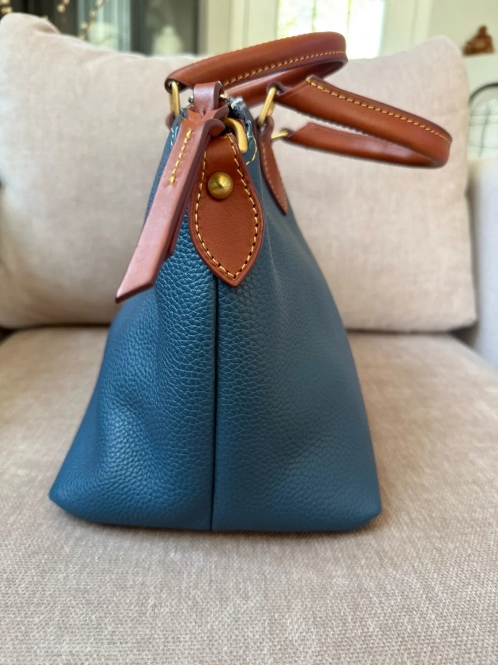 Dooney & Bourke Dillen Satchel Denim Pebbled Leather Brown Trim Crossbody Strap